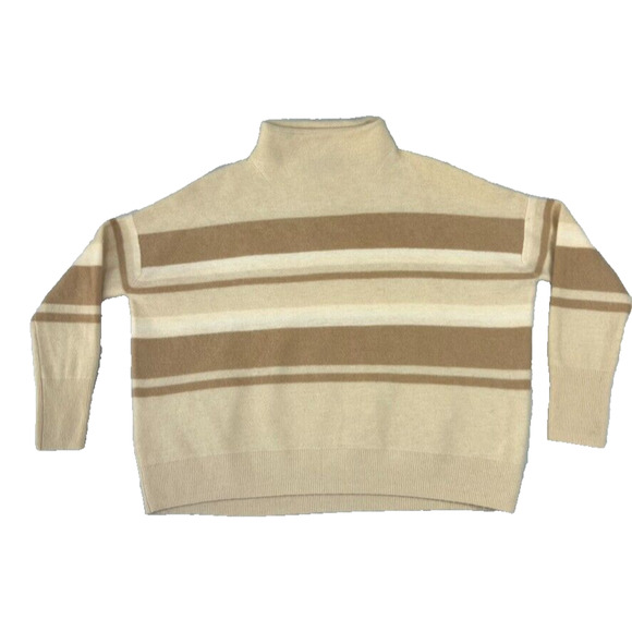 Vince Sweater Womens Small 100% Cashmere Mock Neck Cream Stripe Colorblock Boxy - Picture 1 of 11